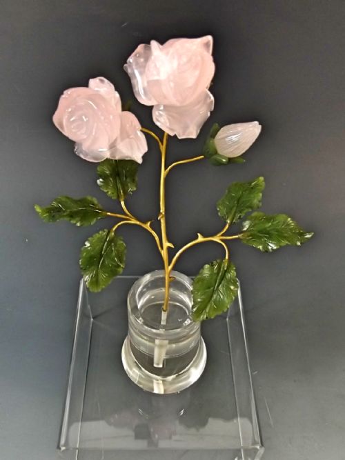 18CT GOLD HARDSTONE FLOWER IN ROCK CRYSTAL VASE - ADDITIONAL PHOTO 2