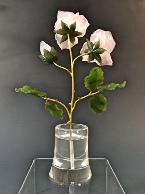 18CT GOLD HARDSTONE FLOWER IN ROCK CRYSTAL VASE - ADDITIONAL PHOTO 5