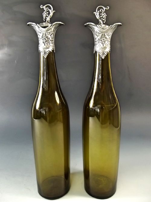 pair green glass silver mounted decanters by t bradbury son 1838 - CATEGORY: ANTIQUE SILVER - DATED 1800