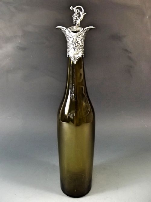 PAIR GREEN GLASS SILVER MOUNTED DECANTERS BY T BRADBURY SON 1838 - ADDITIONAL PHOTO 1