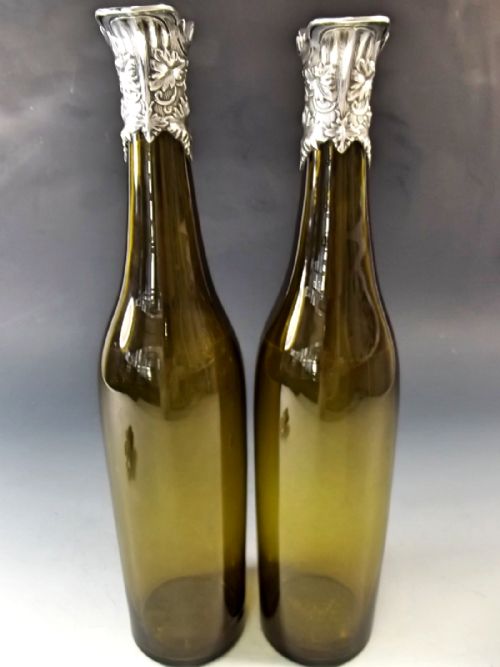 PAIR GREEN GLASS SILVER MOUNTED DECANTERS BY T BRADBURY SON 1838 - ADDITIONAL PHOTO 5