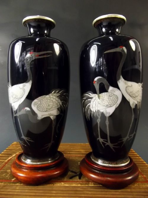 pair of japanese ando cloisonne enamel crane vases meiji period - CATEGORY: ANTIQUE VASES - DATED 1890