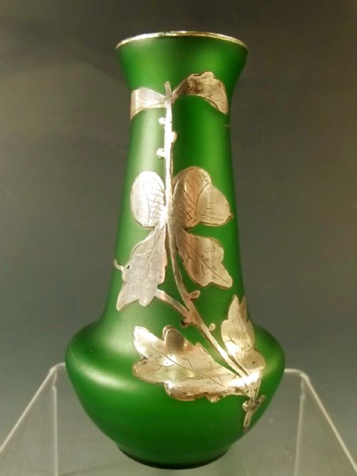 goldberg green glass vase with applied silver decoration - CATEGORY: ANTIQUE VASES - DATED 1900