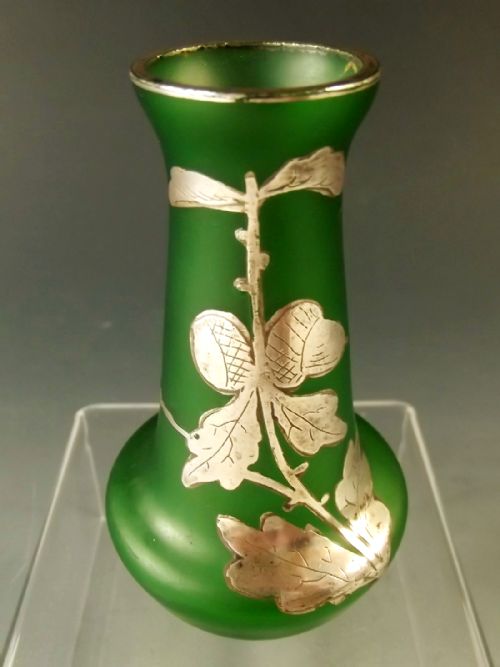 GOLDBERG GREEN GLASS VASE WITH APPLIED SILVER DECORATION - ADDITIONAL PHOTO 1