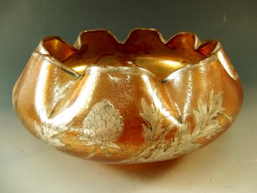 goldberg amber irridescent glass bowl with applied silver flowers - CATEGORY: ANTIQUE GLASS - DATED 1900