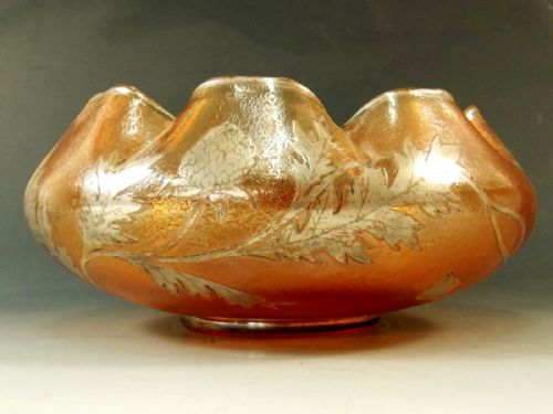 GOLDBERG AMBER IRRIDESCENT GLASS BOWL WITH APPLIED SILVER FLOWERS - ADDITIONAL PHOTO 1