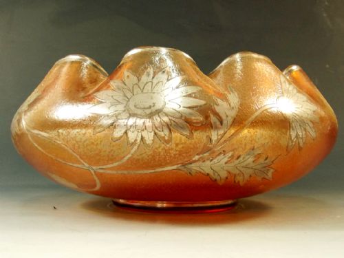 GOLDBERG AMBER IRRIDESCENT GLASS BOWL WITH APPLIED SILVER FLOWERS - ADDITIONAL PHOTO 2