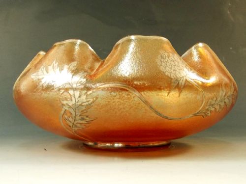 GOLDBERG AMBER IRRIDESCENT GLASS BOWL WITH APPLIED SILVER FLOWERS - ADDITIONAL PHOTO 3