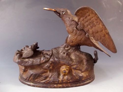 original cast iron eagle and eaglets mechanical money bank - CATEGORY: ANTIQUE METAL - DATED 1880