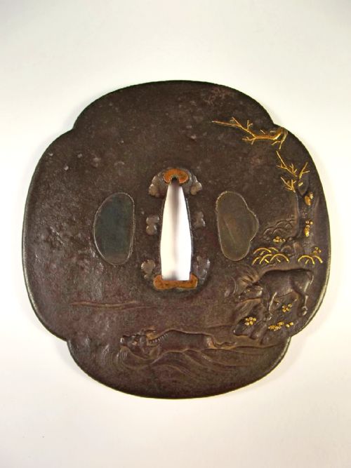 japanese edo period gold inlaid iron tsuba - CATEGORY: ANTIQUE METAL - DATED 1850
