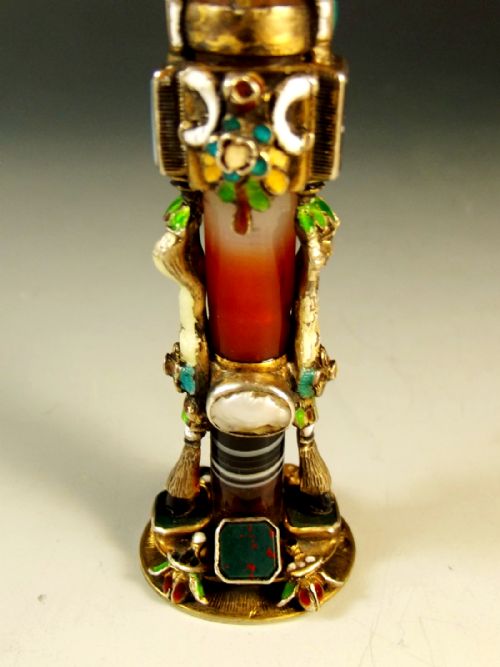 CONTINENTAL SILVER GILT ENAMEL HARDSTONE SEAL - ADDITIONAL PHOTO 1