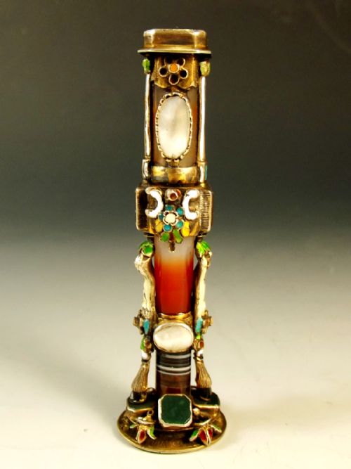 CONTINENTAL SILVER GILT ENAMEL HARDSTONE SEAL - ADDITIONAL PHOTO 4