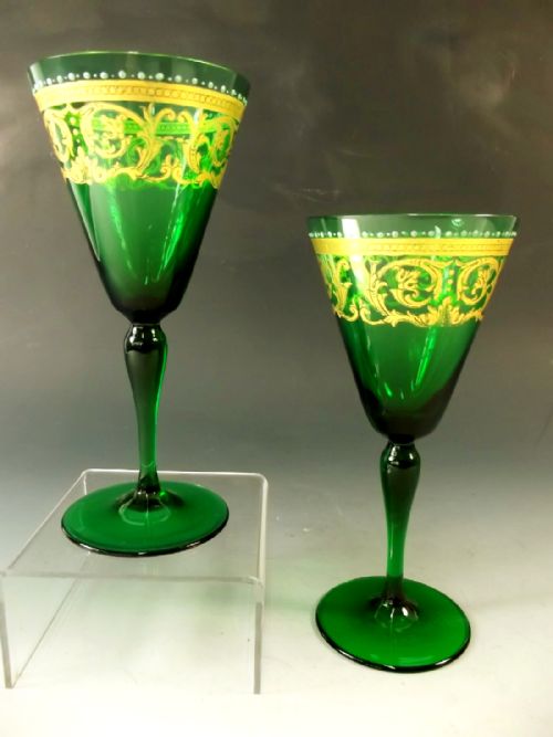 pair venitian gilded green wine glass c1890 - CATEGORY: ANTIQUE GLASS - DATED 1890