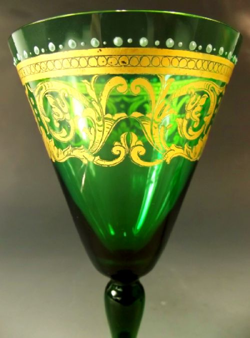 PAIR VENITIAN GILDED GREEN WINE GLASS C1890 - ADDITIONAL PHOTO 1