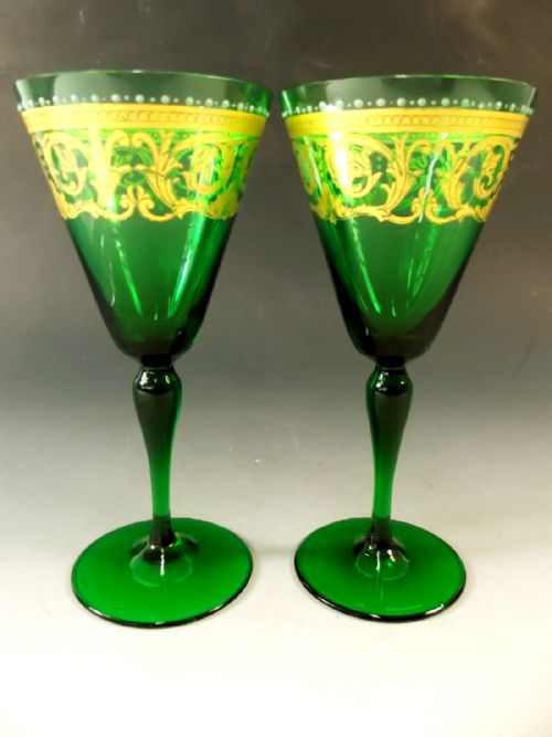 PAIR VENITIAN GILDED GREEN WINE GLASS C1890 - ADDITIONAL PHOTO 2