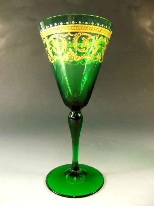 PAIR VENITIAN GILDED GREEN WINE GLASS C1890 - ADDITIONAL PHOTO 3