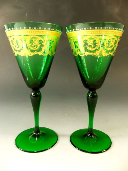 PAIR VENITIAN GILDED GREEN WINE GLASS C1890 - ADDITIONAL PHOTO 5