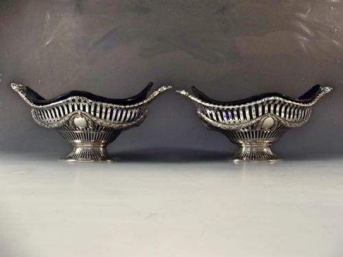 pair hallmarked silver blue glass lined comports 1892 - CATEGORY: ANTIQUE SILVER - DATED 1890