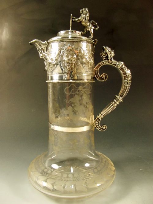 victorian silver plate cut glass lion mounted claret jug - CATEGORY: ANTIQUE SILVER - DATED 1870
