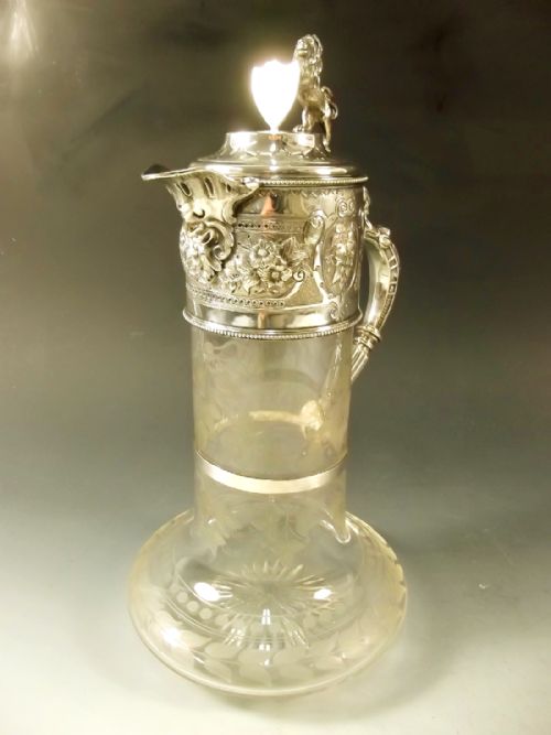 VICTORIAN SILVER PLATE CUT GLASS LION MOUNTED CLARET JUG - ADDITIONAL PHOTO 1