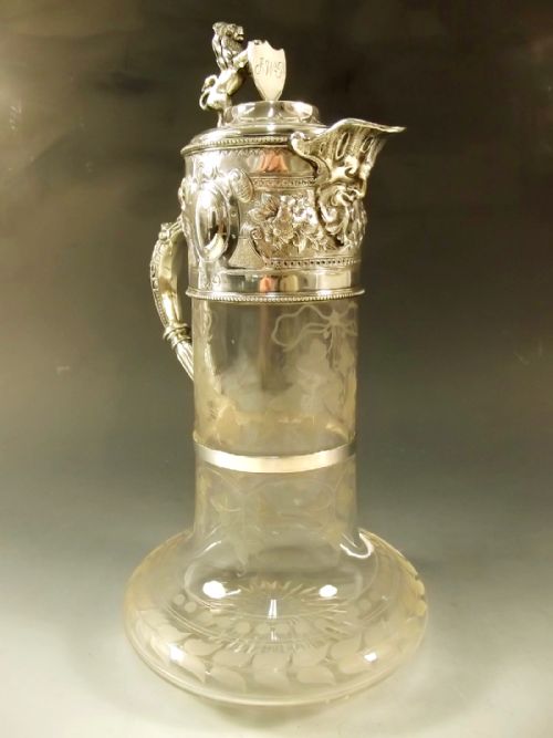 VICTORIAN SILVER PLATE CUT GLASS LION MOUNTED CLARET JUG - ADDITIONAL PHOTO 3
