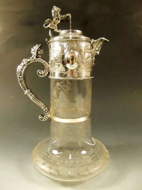 VICTORIAN SILVER PLATE CUT GLASS LION MOUNTED CLARET JUG - ADDITIONAL PHOTO 4