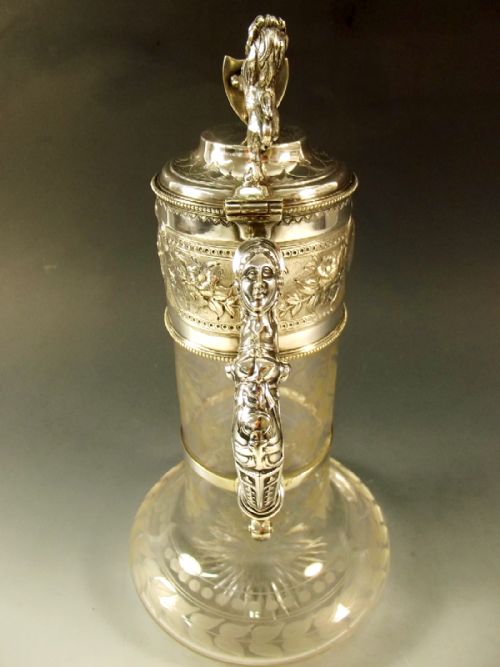VICTORIAN SILVER PLATE CUT GLASS LION MOUNTED CLARET JUG - ADDITIONAL PHOTO 5