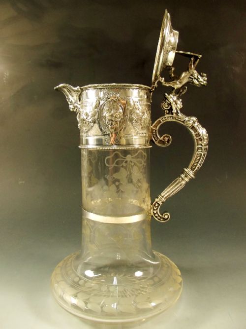 VICTORIAN SILVER PLATE CUT GLASS LION MOUNTED CLARET JUG - ADDITIONAL PHOTO 8