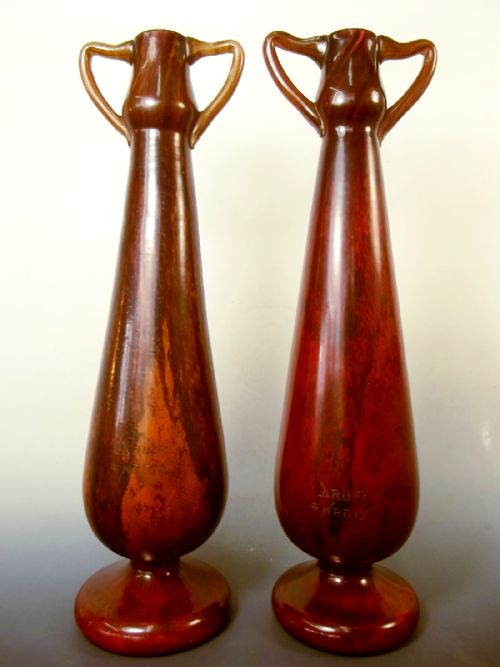 large pair daum nancy art nouveau mahogany jade glass vases - CATEGORY: ANTIQUE VASES - DATED 1910