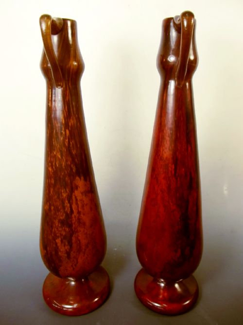 LARGE PAIR DAUM NANCY ART NOUVEAU MAHOGANY JADE GLASS VASES - ADDITIONAL PHOTO 1
