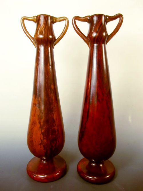 LARGE PAIR DAUM NANCY ART NOUVEAU MAHOGANY JADE GLASS VASES - ADDITIONAL PHOTO 2