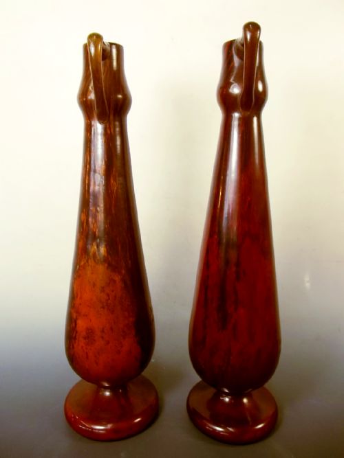 LARGE PAIR DAUM NANCY ART NOUVEAU MAHOGANY JADE GLASS VASES - ADDITIONAL PHOTO 3