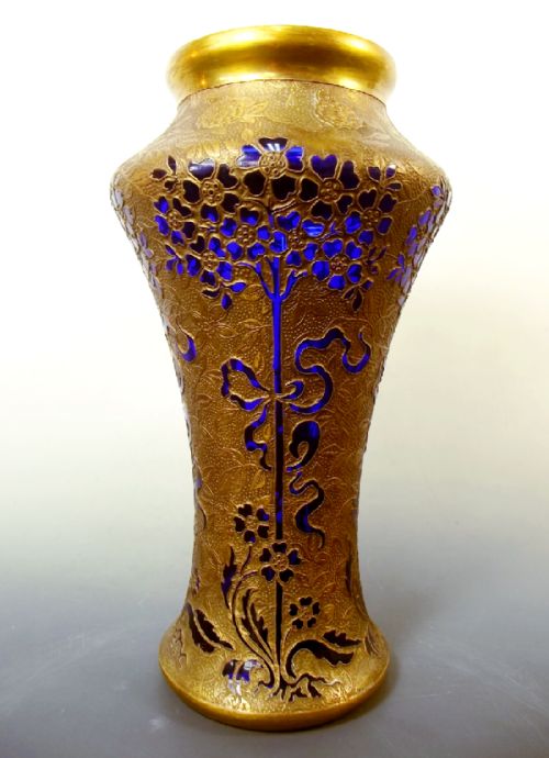 val st lambert blue glass metal overlay vase c1920 - CATEGORY: ANTIQUE VASES - DATED 1920