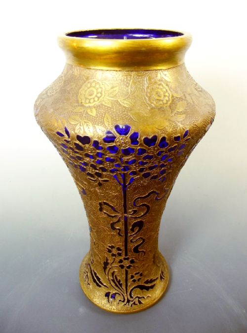 VAL ST LAMBERT BLUE GLASS METAL OVERLAY VASE C1920 - ADDITIONAL PHOTO 1