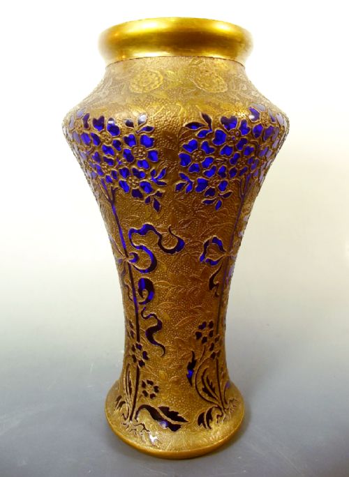 VAL ST LAMBERT BLUE GLASS METAL OVERLAY VASE C1920 - ADDITIONAL PHOTO 2