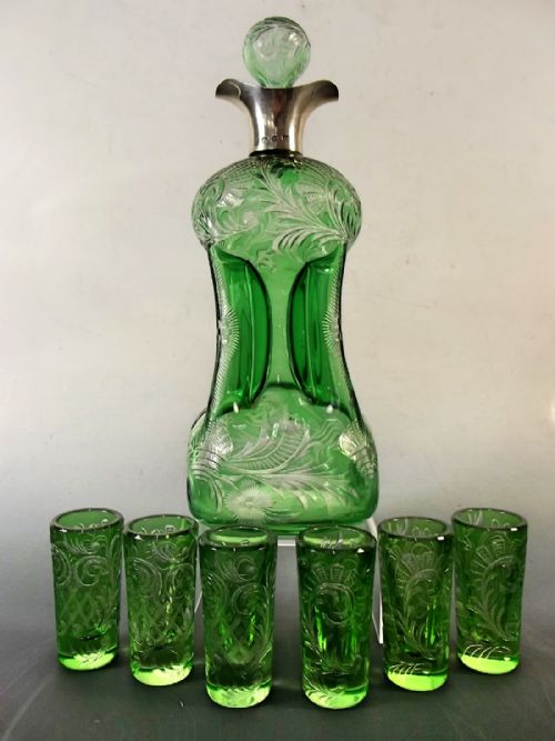 stevens williams intaglio cut glass silver mounted decanter and glasses - CATEGORY: ANTIQUE GLASS - DATED 1890