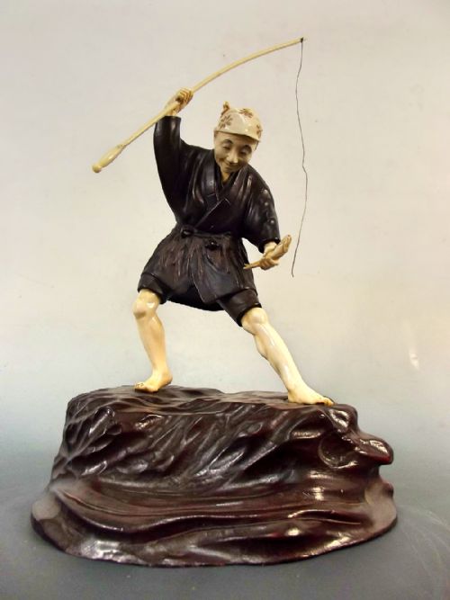 japanese meiji period mixedmedia bronze ivory and hardwood fisherman okimono - CATEGORY: ANTIQUE SCULPTURES - DATED 1890