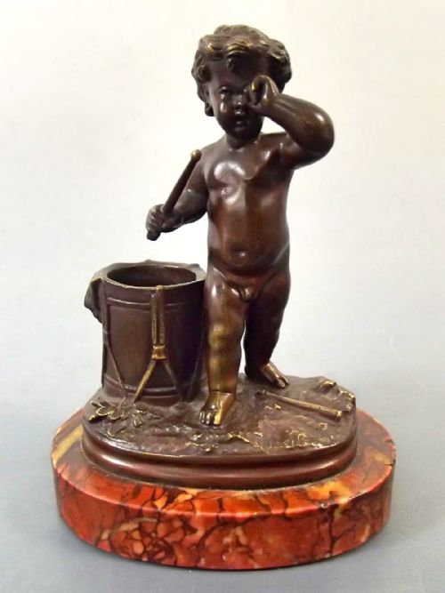 french bronze cherub drummer on marble base - CATEGORY: ANTIQUE METAL - DATED 1860