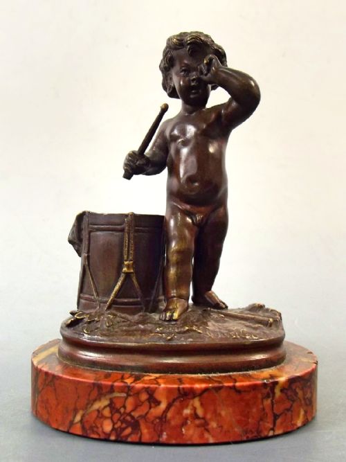 FRENCH BRONZE CHERUB DRUMMER ON MARBLE BASE - ADDITIONAL PHOTO 1
