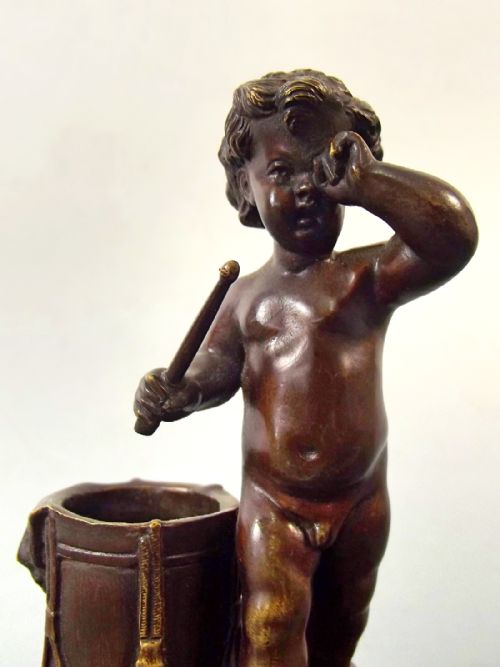 FRENCH BRONZE CHERUB DRUMMER ON MARBLE BASE - ADDITIONAL PHOTO 2