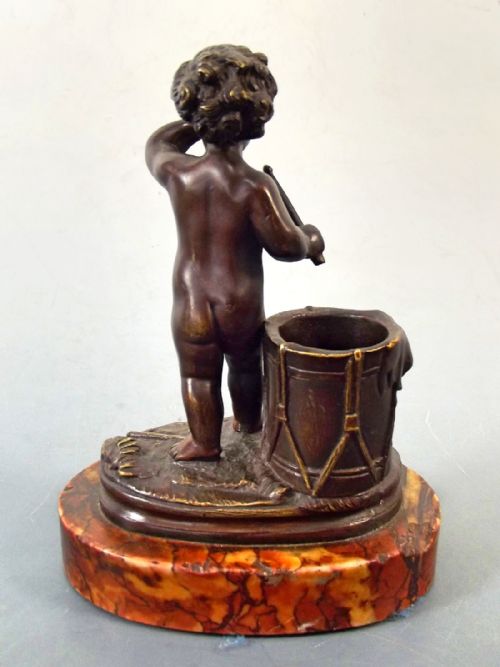 FRENCH BRONZE CHERUB DRUMMER ON MARBLE BASE - ADDITIONAL PHOTO 4