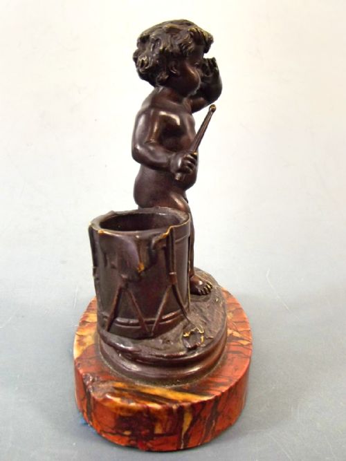 FRENCH BRONZE CHERUB DRUMMER ON MARBLE BASE - ADDITIONAL PHOTO 5