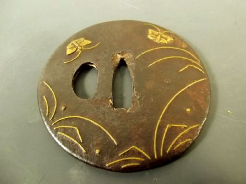 japanese edo period gold onlaid iron tsuba - CATEGORY: ANTIQUE METAL - DATED 1850