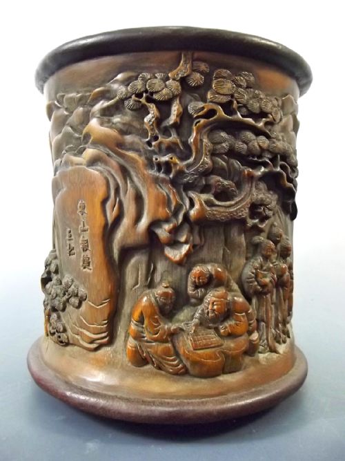chinese carved bamboo brush pot c1890 - CATEGORY: ANTIQUE MISCELLANEOUS - DATED 1890
