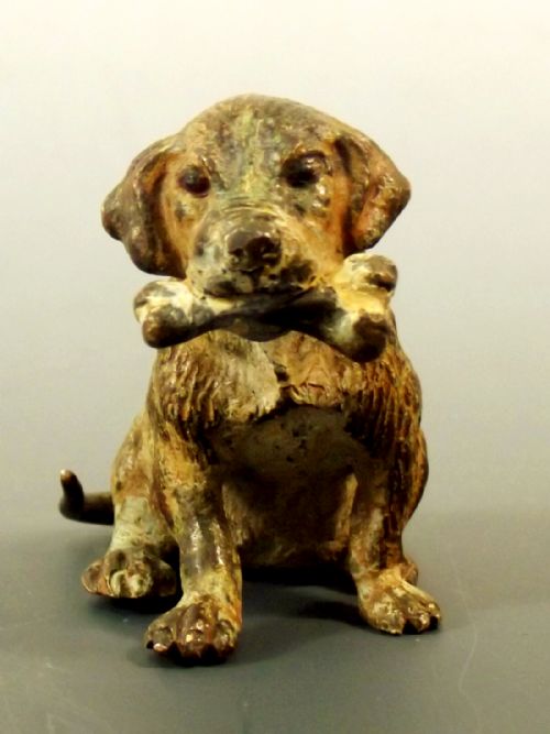 AUSTRIAN VIENNA COLD PAINTED BRONZE PUPPY DOG WITH BONE - ADDITIONAL PHOTO 1