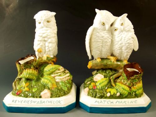 pair robinson leadbeater poercelain owl match holders - CATEGORY: ANTIQUE CERAMICS - DATED 1880