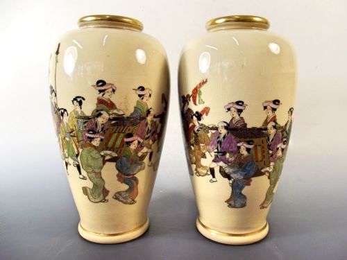 pr japanese satsuma porcelain kizan vases meiji period - CATEGORY: ANTIQUE VASES - DATED 1890