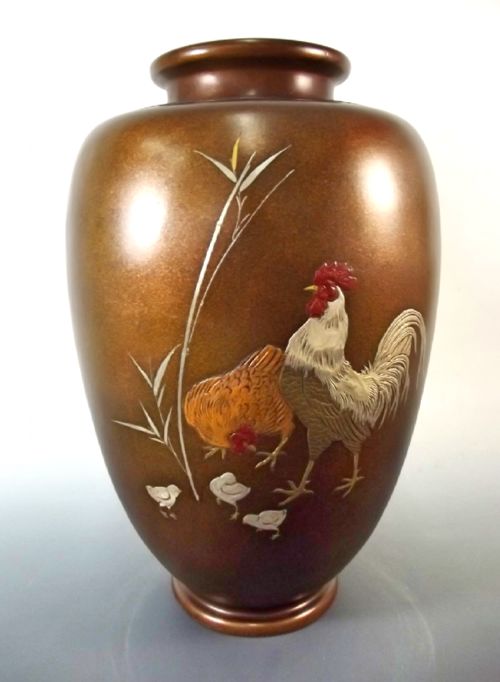 large japanese bronze mixed metal onlaid cockerel vase meiji period - CATEGORY: ANTIQUE METAL - DATED 1900