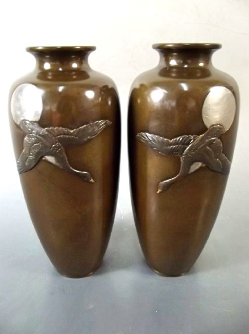 PR JAPANESE MEIJI PERIOD ONLAID BRONZE GOOSE VASES - ADDITIONAL PHOTO 1