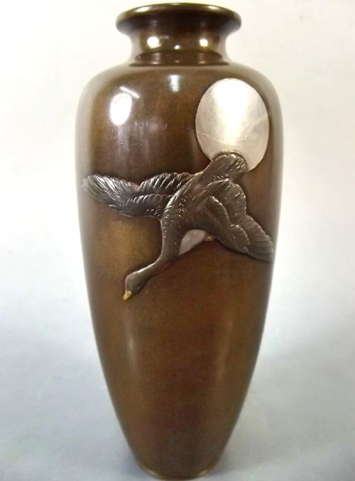PR JAPANESE MEIJI PERIOD ONLAID BRONZE GOOSE VASES - ADDITIONAL PHOTO 3